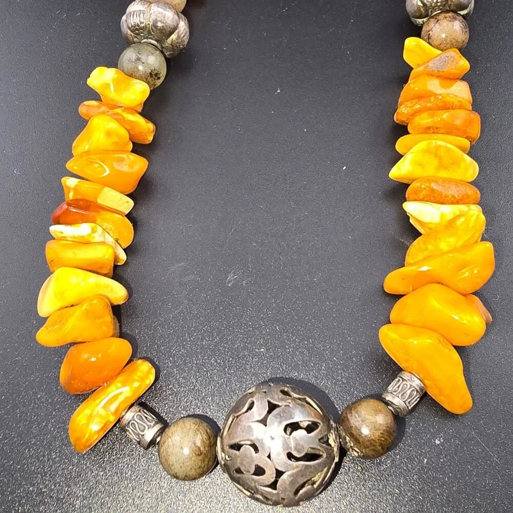 Baltic Amber Nugget Necklace Sterling Silver Beads And Heart Clasp - Picture 4 of 8